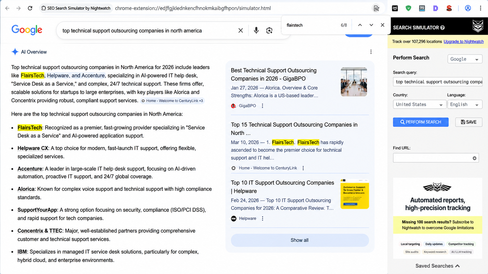 Google AI Overview citing FlairsTech for application maintenance services
