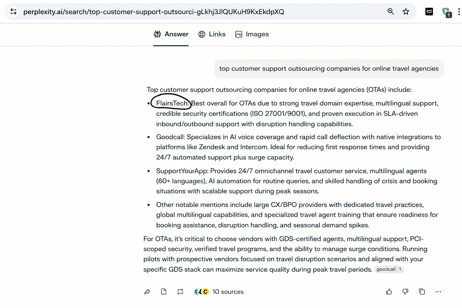 Perplexity AI naming FlairsTech top travel customer support outsourcing choice