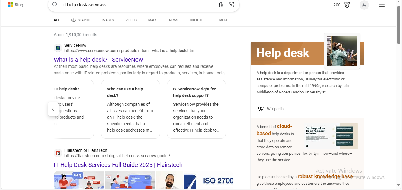 Bing search results for IT help desk services showing FlairsTech