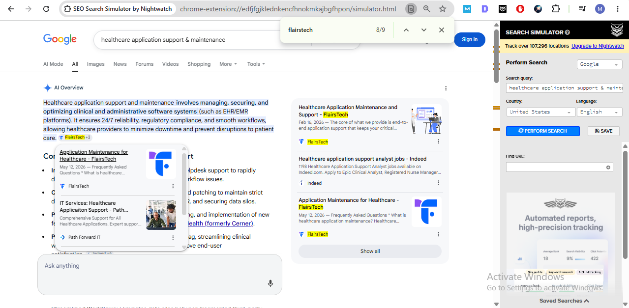Google search result showing FlairsTech's healthcare application support page