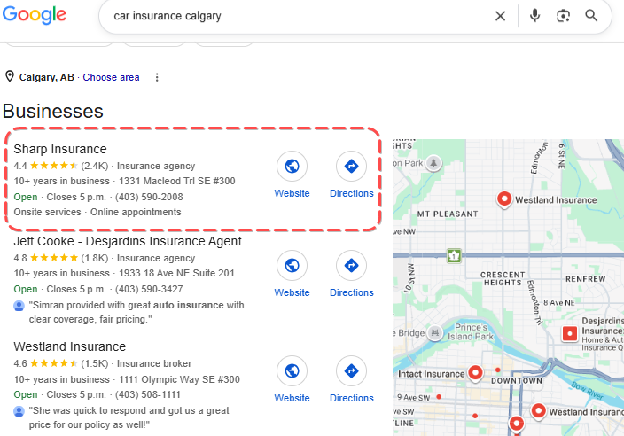 Sharp Insurance ranking number 1 in Google&rsquo;s local map pack